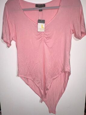 Primark Light Pink Ruched V-Neck Short Sleeve Bodysuit